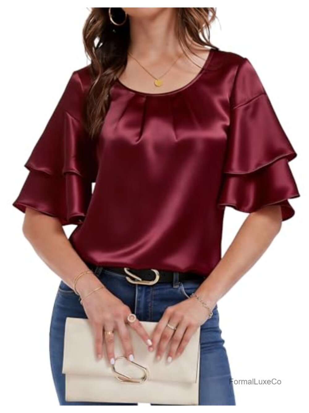 Women's Satin Silk Blouse Crewneck Short Sleeve Loose Fit Party Top